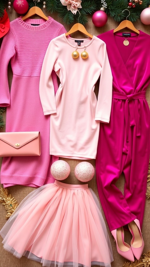 A collection of pink Christmas outfits for women displayed with holiday decorations.